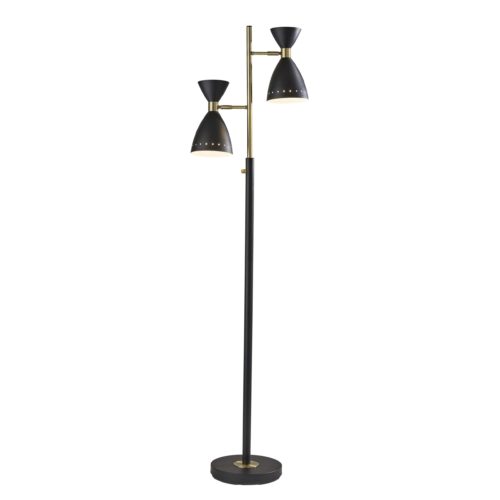 68" Black And Gold Metal Two Light Task Floor Lamp With Black Metal Cone Shade