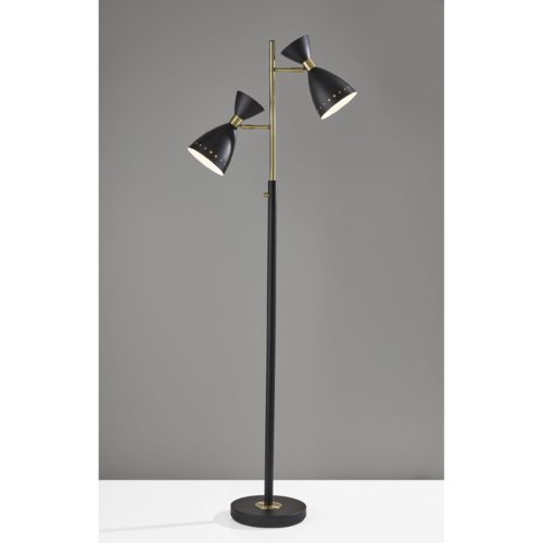 68" Black And Gold Metal Two Light Task Floor Lamp With Black Metal Cone Shade