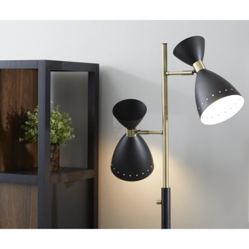 68" Black And Gold Metal Two Light Task Floor Lamp With Black Metal Cone Shade