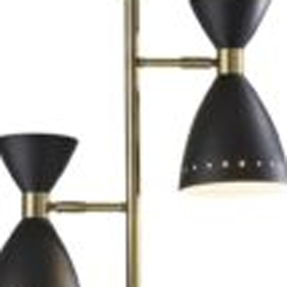 68" Black And Gold Metal Two Light Task Floor Lamp With Black Metal Cone Shade