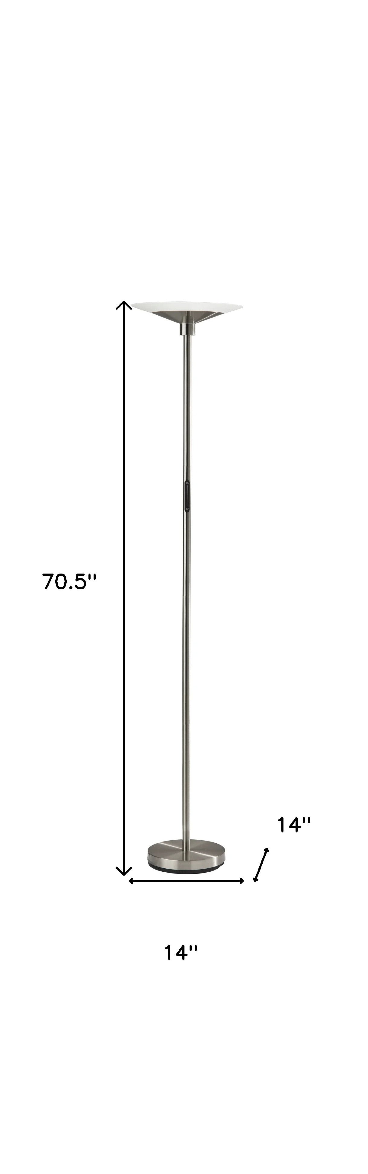 71" Silver LED Torchiere Floor Lamp With White Glass Cone Shade