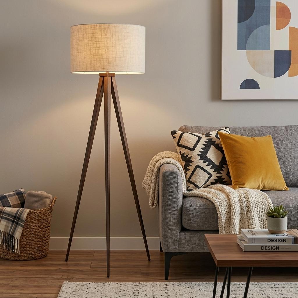60" Brown And White Tripod Floor Lamp With White Linen Drum Shade
