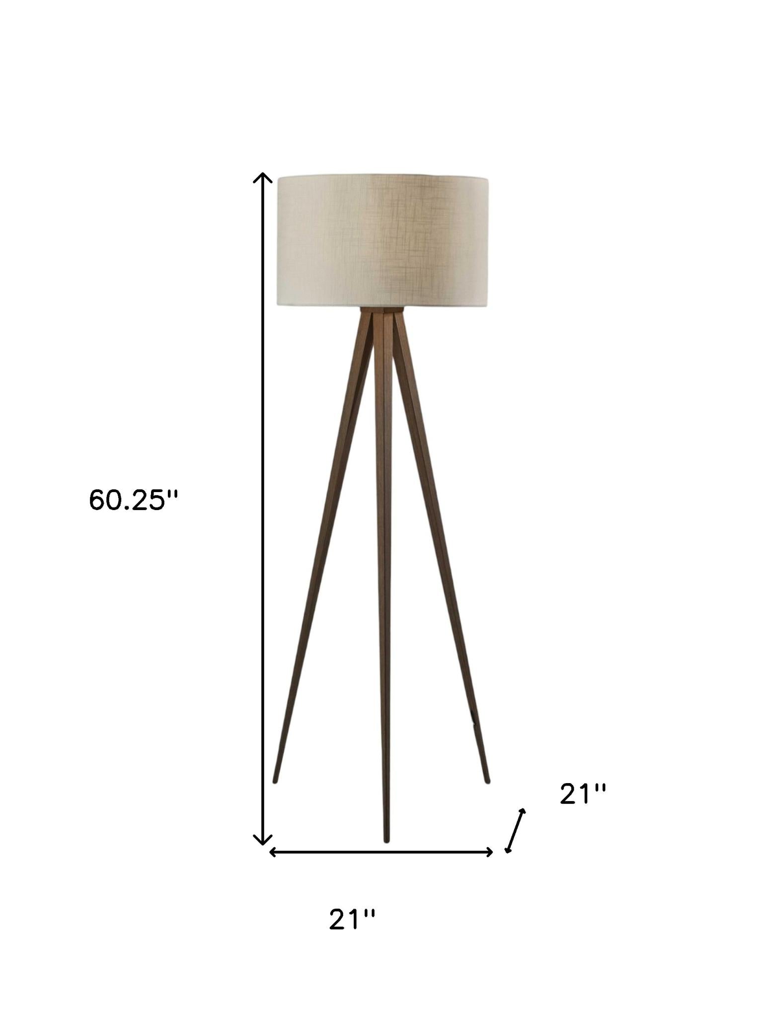 60" Brown And White Tripod Floor Lamp With White Linen Drum Shade