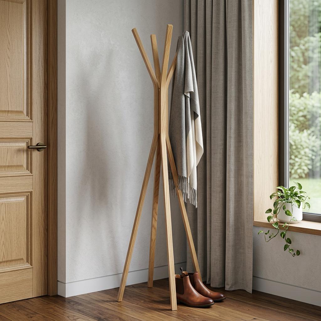 68" Natural Modern Wood Coat Tree Rack