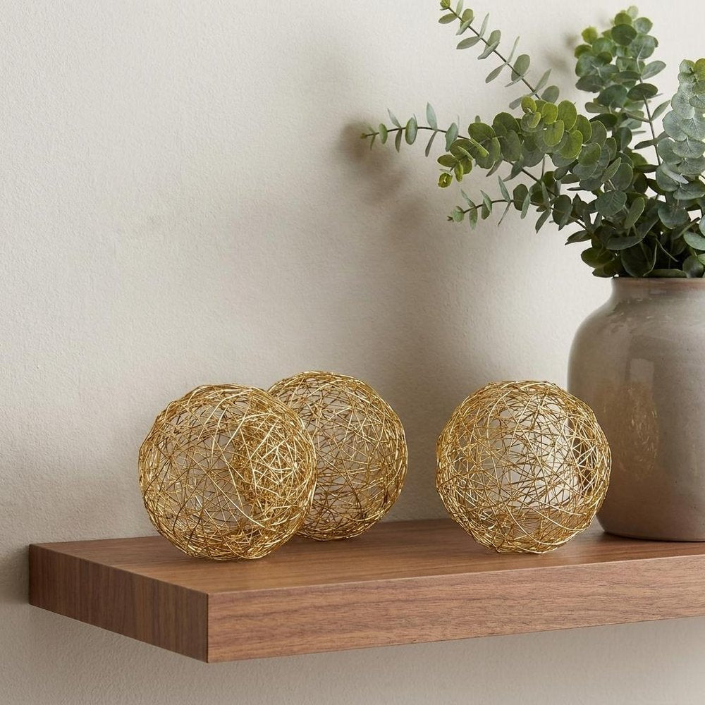 Set of Three Gold Wire 3" Decorative Orbs