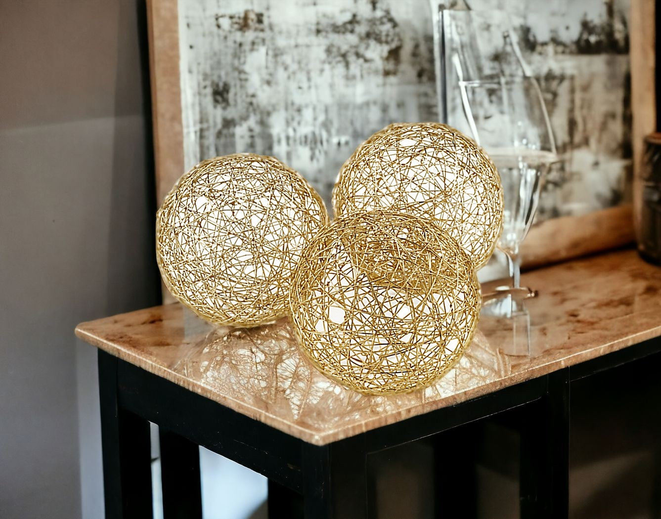 Set of Three Gold Wire 5" Decorative Orbs