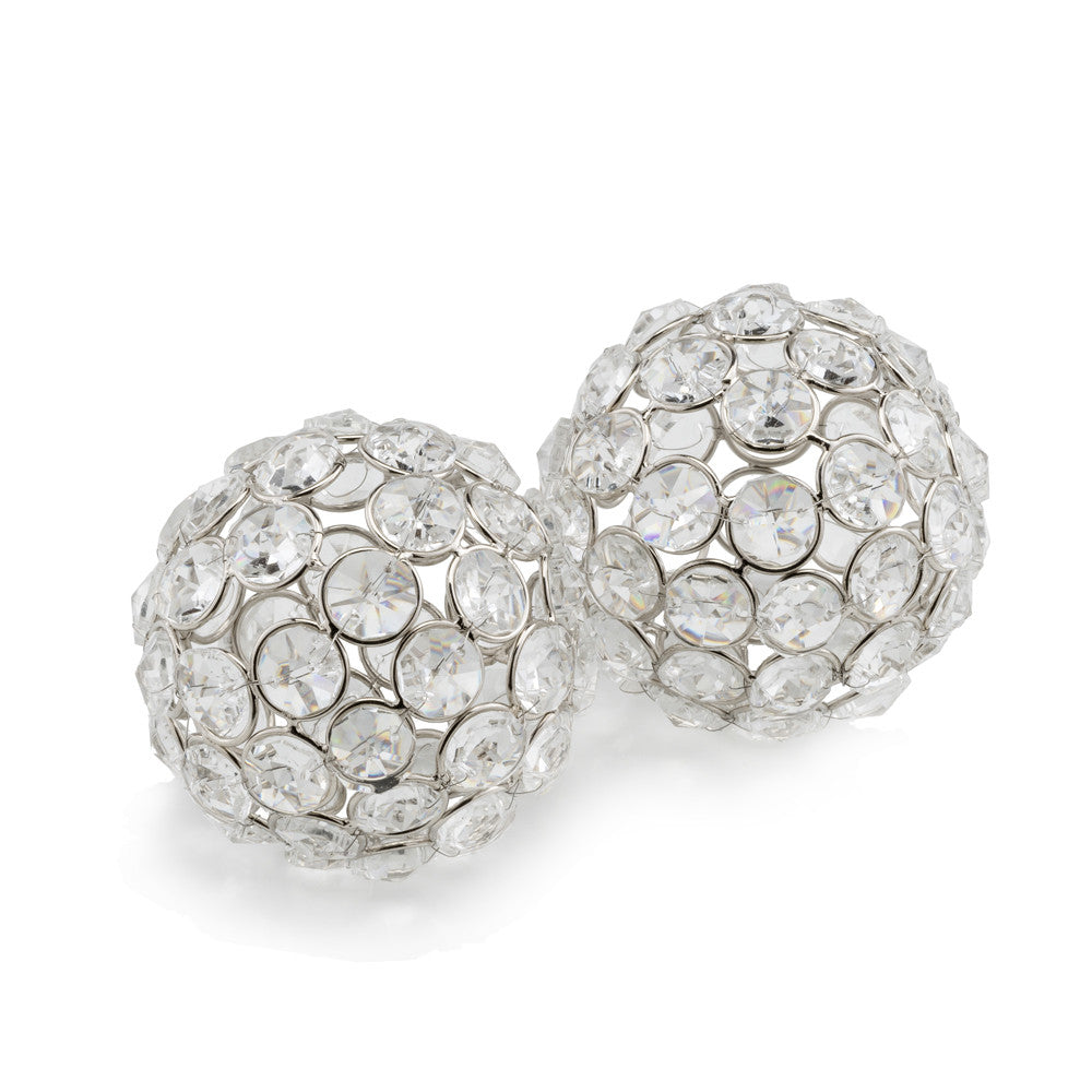 3" Silver Iron And Crystal Spheres Set Of 2