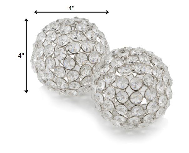 4" X 4" X 4" Silver Iron & Cristal Spheres Set Of 2