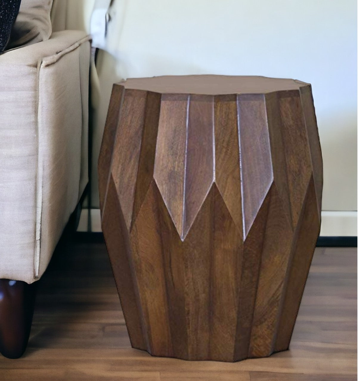 23" Dark Brown Solid Wood Drum End Table