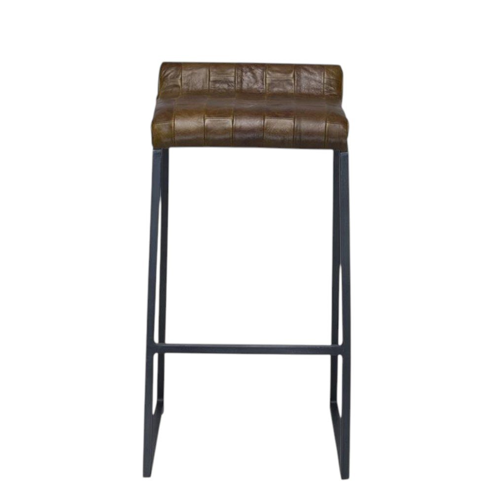 27" Brown And Black Genuine Leather And Iron Backless Counter Height Bar Chair