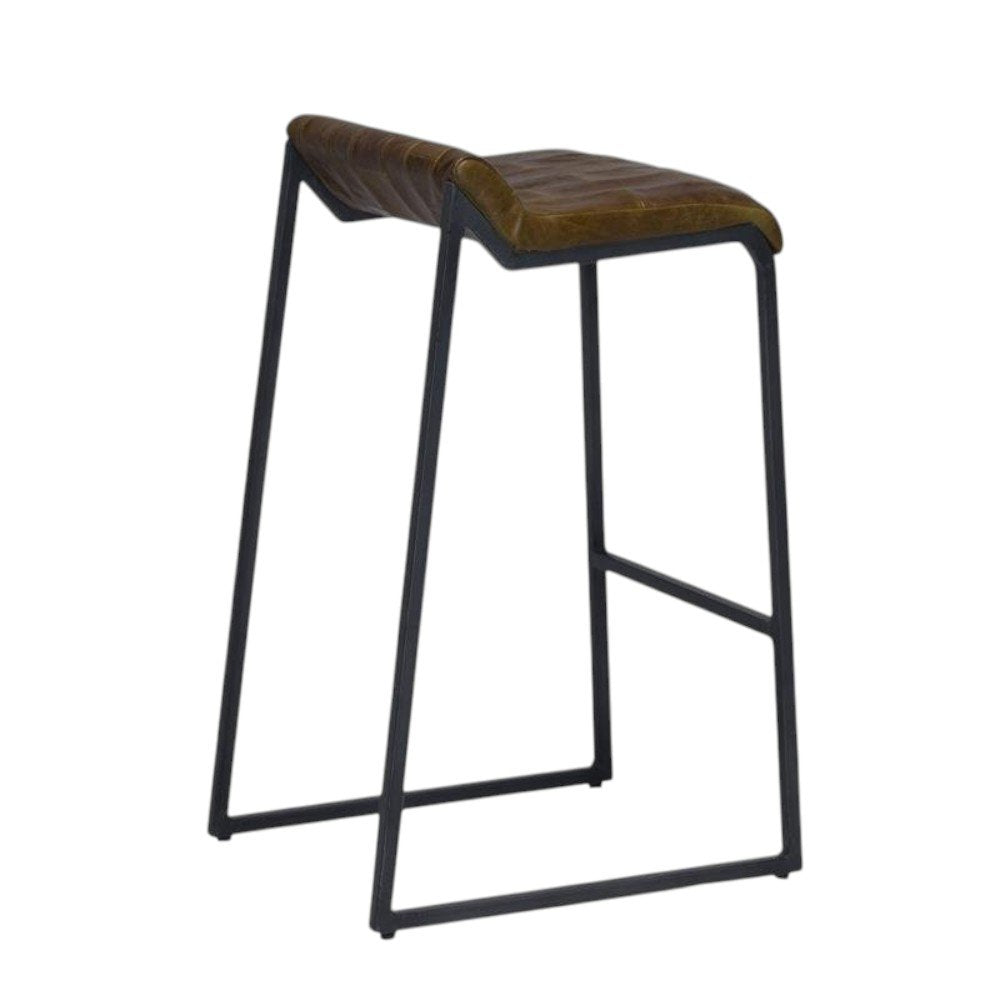 27" Brown And Black Genuine Leather And Iron Backless Counter Height Bar Chair