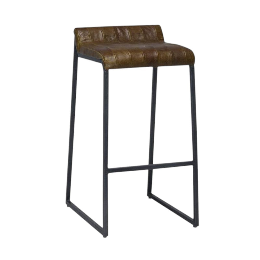 27" Brown And Black Genuine Leather And Iron Backless Counter Height Bar Chair