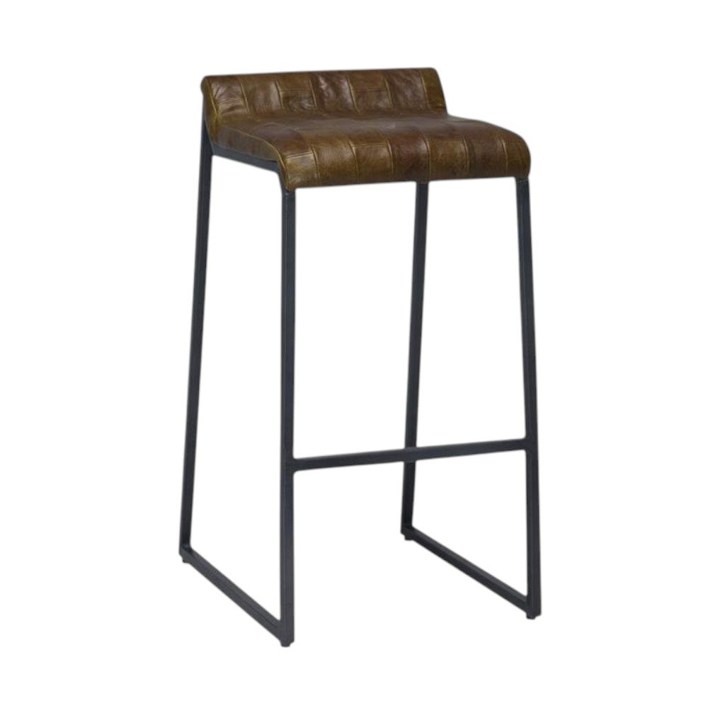 27" Brown And Black Genuine Leather And Iron Backless Counter Height Bar Chair