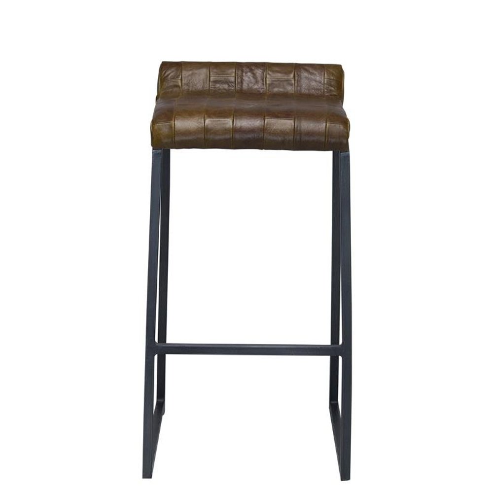 27" Brown And Black Genuine Leather And Iron Backless Counter Height Bar Chair