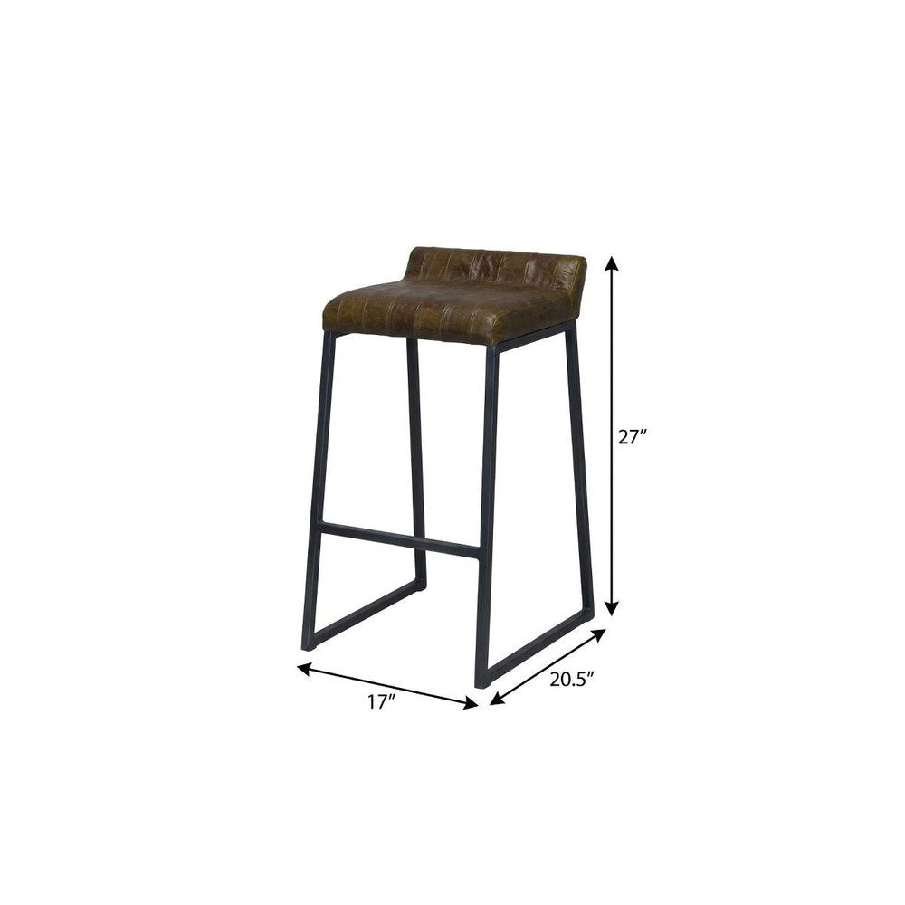 27" Brown And Black Genuine Leather And Iron Backless Counter Height Bar Chair
