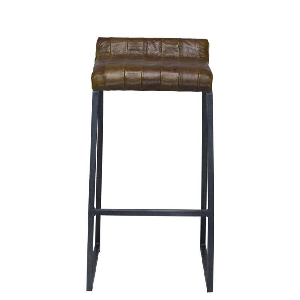 27" Brown And Black Genuine Leather And Iron Backless Counter Height Bar Chair