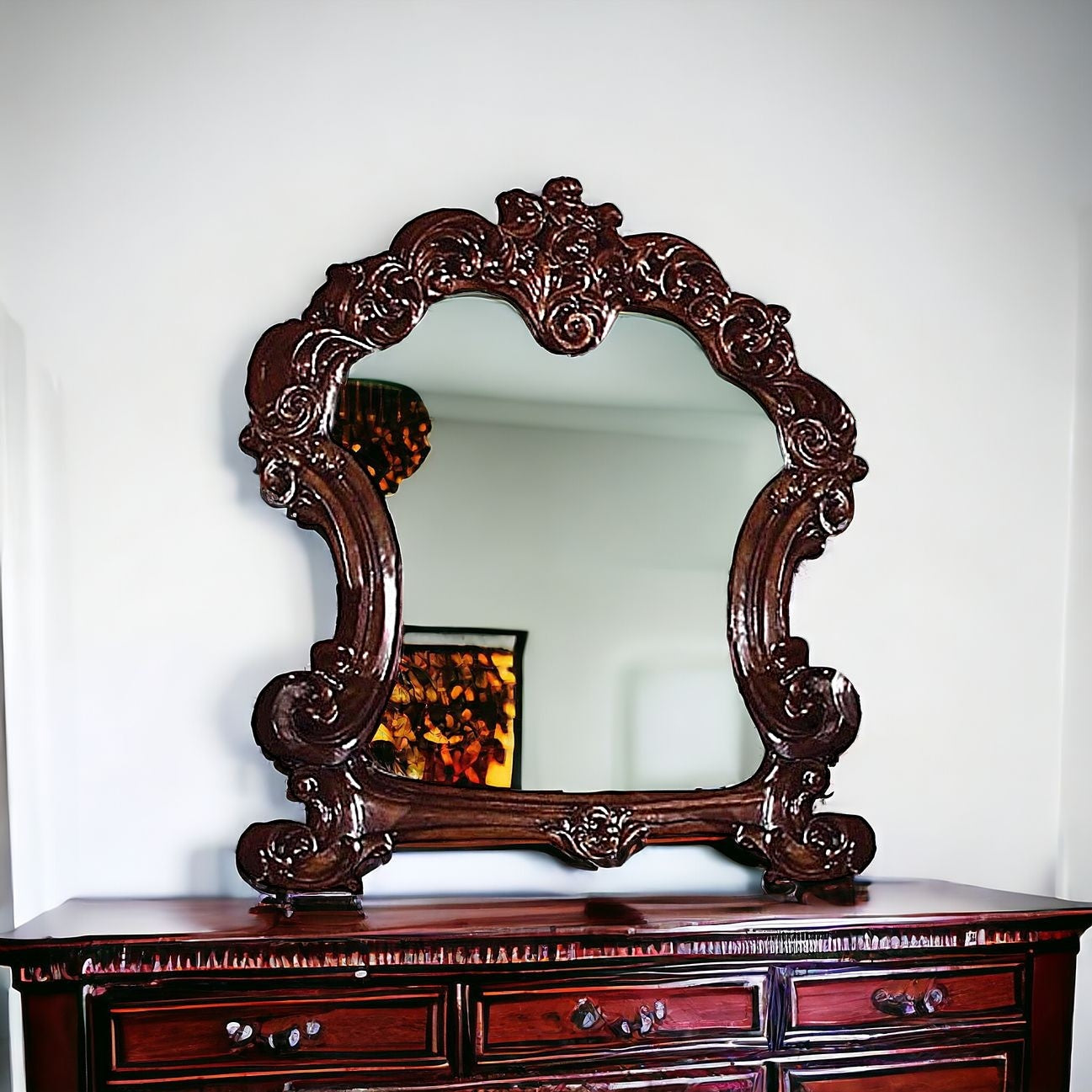 45" Brown Crowned Top Solid Wood Framed Mounted Dresser Mirror