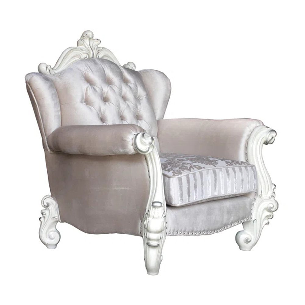 44" Ivory and Antiqued White Fabric Damask Tufted Chair and a Half And Toss Pillows