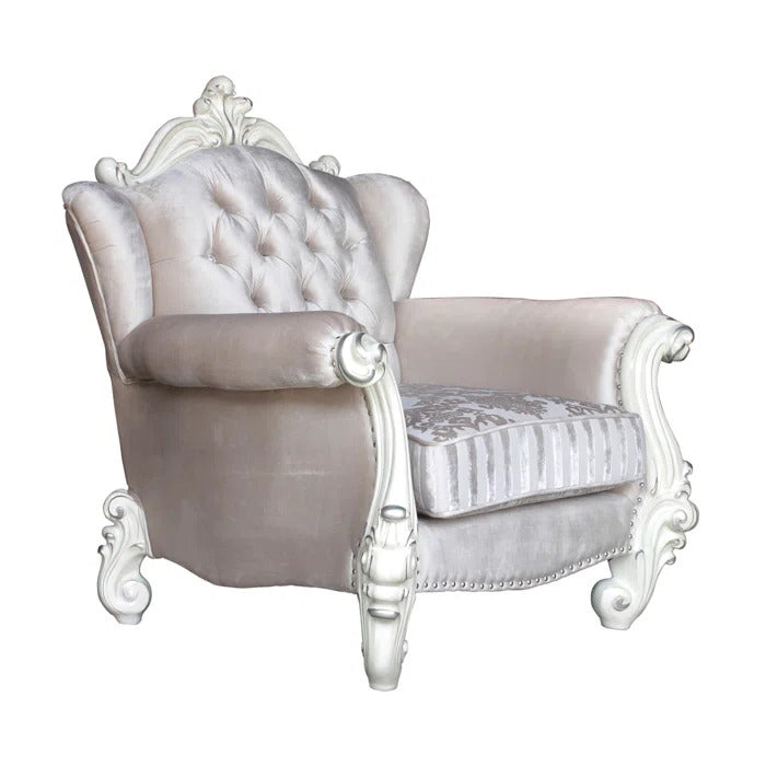 44" Ivory and Antiqued White Fabric Damask Tufted Chair and a Half And Toss Pillows