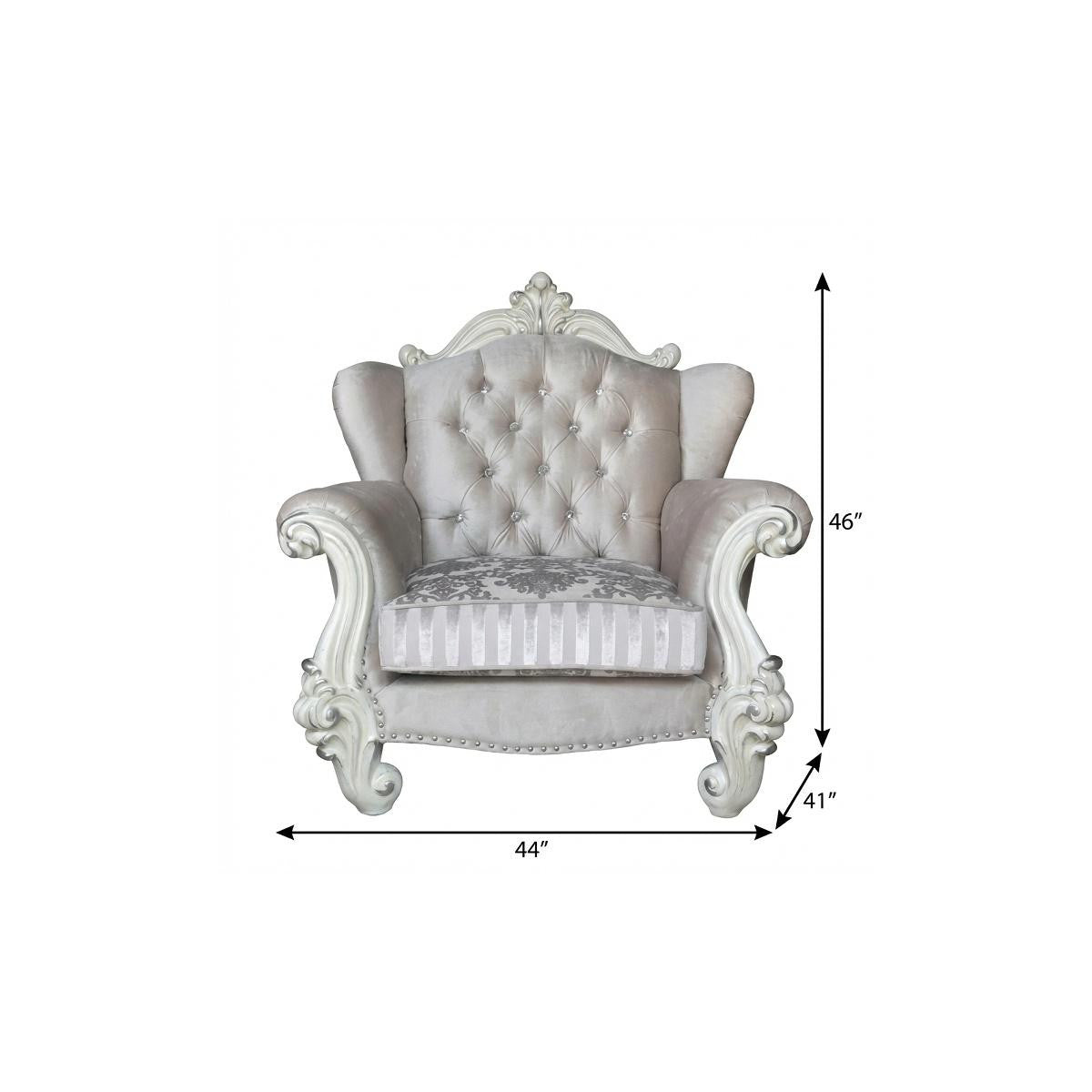44" Ivory and Antiqued White Fabric Damask Tufted Chair and a Half And Toss Pillows