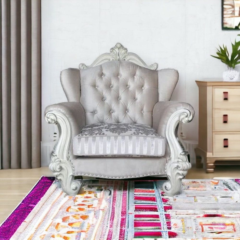 44" Ivory and Antiqued White Fabric Damask Tufted Chair and a Half And Toss Pillows