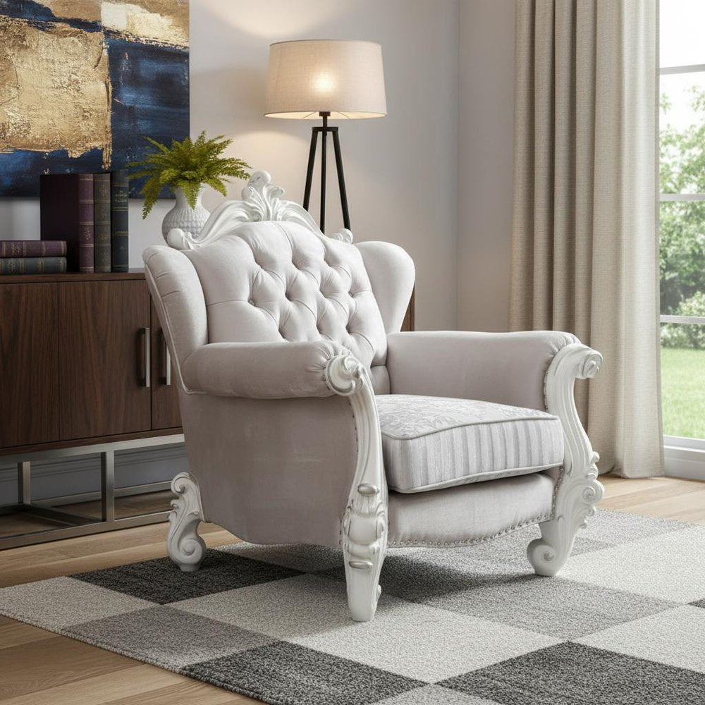 44" Ivory and Antiqued White Fabric Damask Tufted Chair and a Half And Toss Pillows