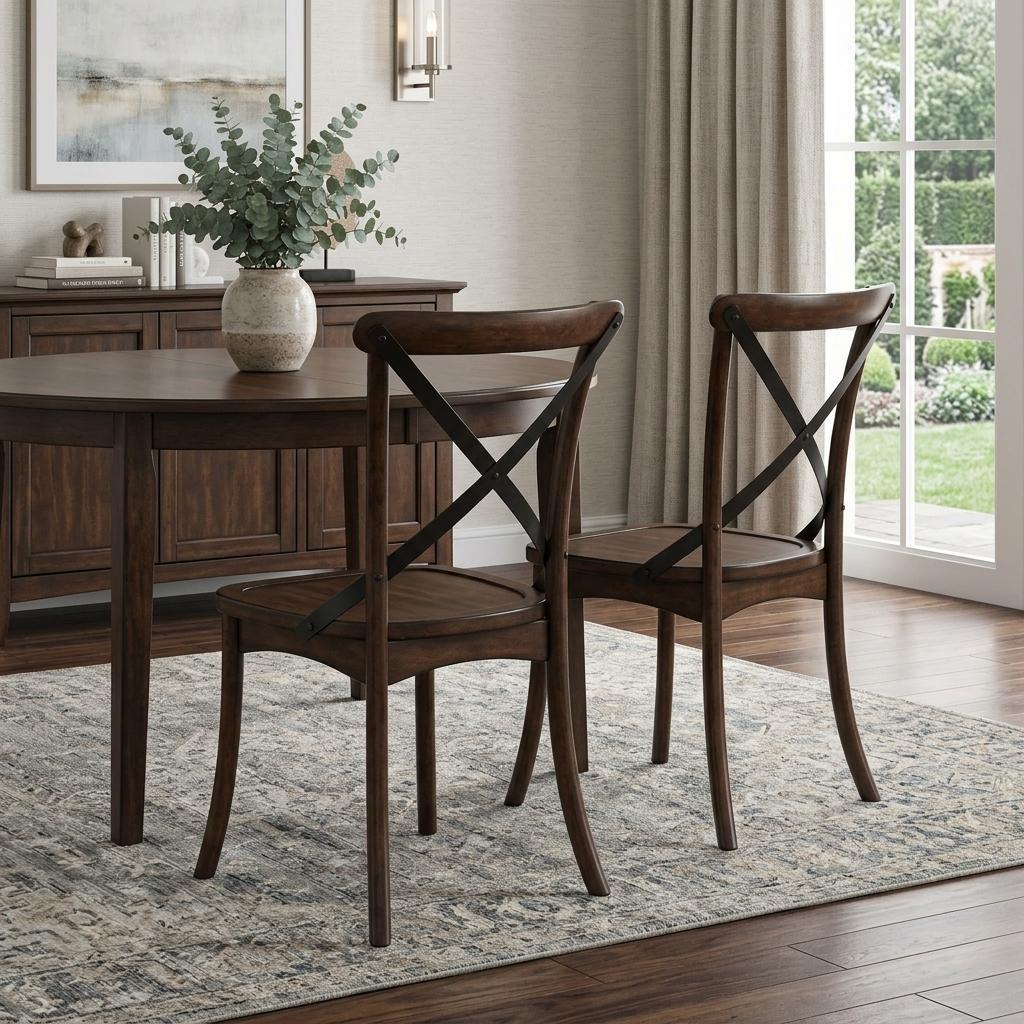 Set of Two Brown Cross Back Dining Side Chairs