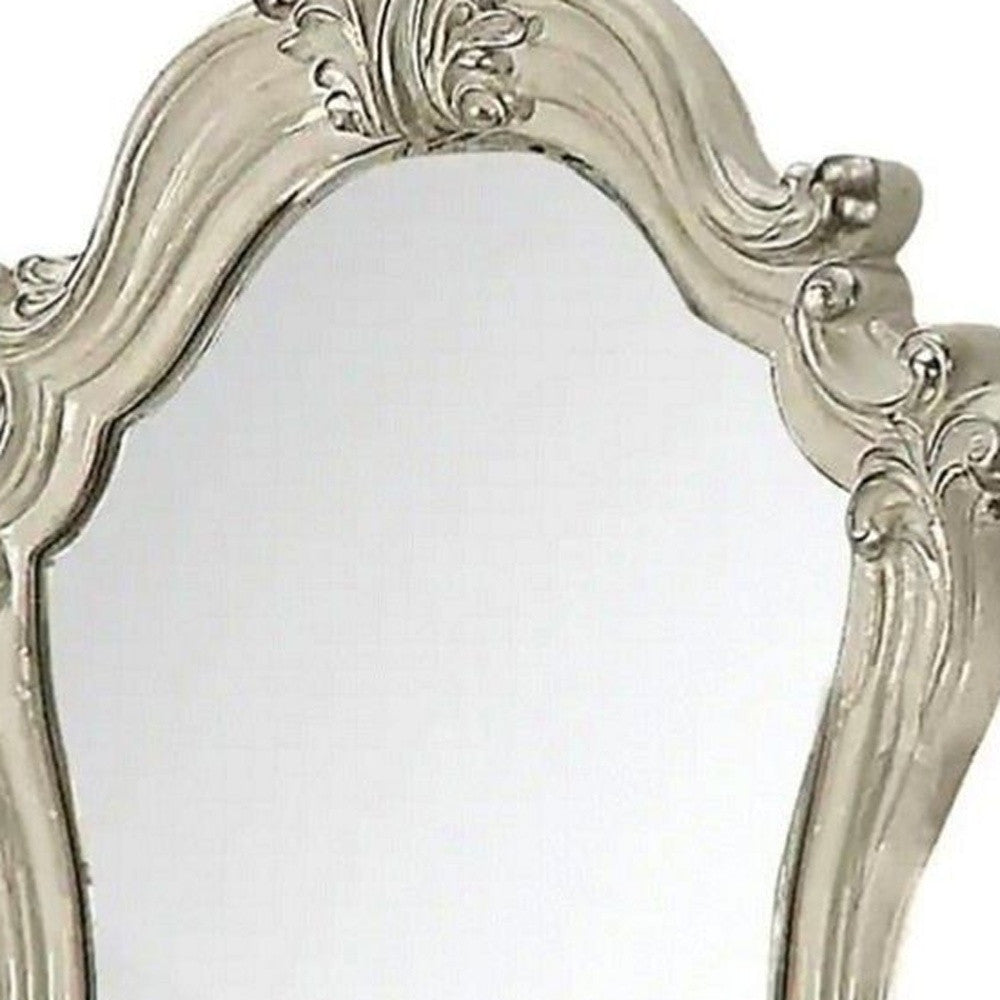 47" White And Silver Abstract Wood Framed Antiqued Glass Mounted Dresser Mirror