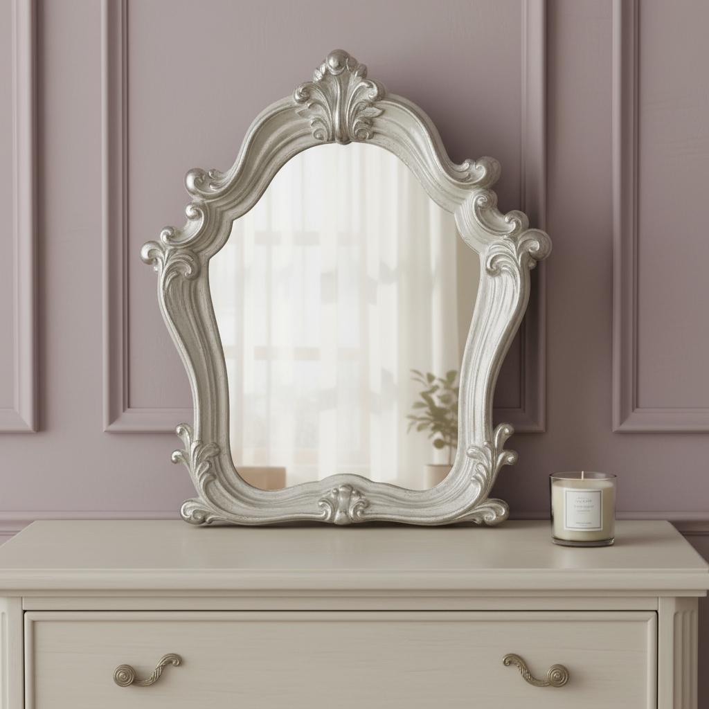 47" White And Silver Abstract Wood Framed Antiqued Glass Mounted Dresser Mirror