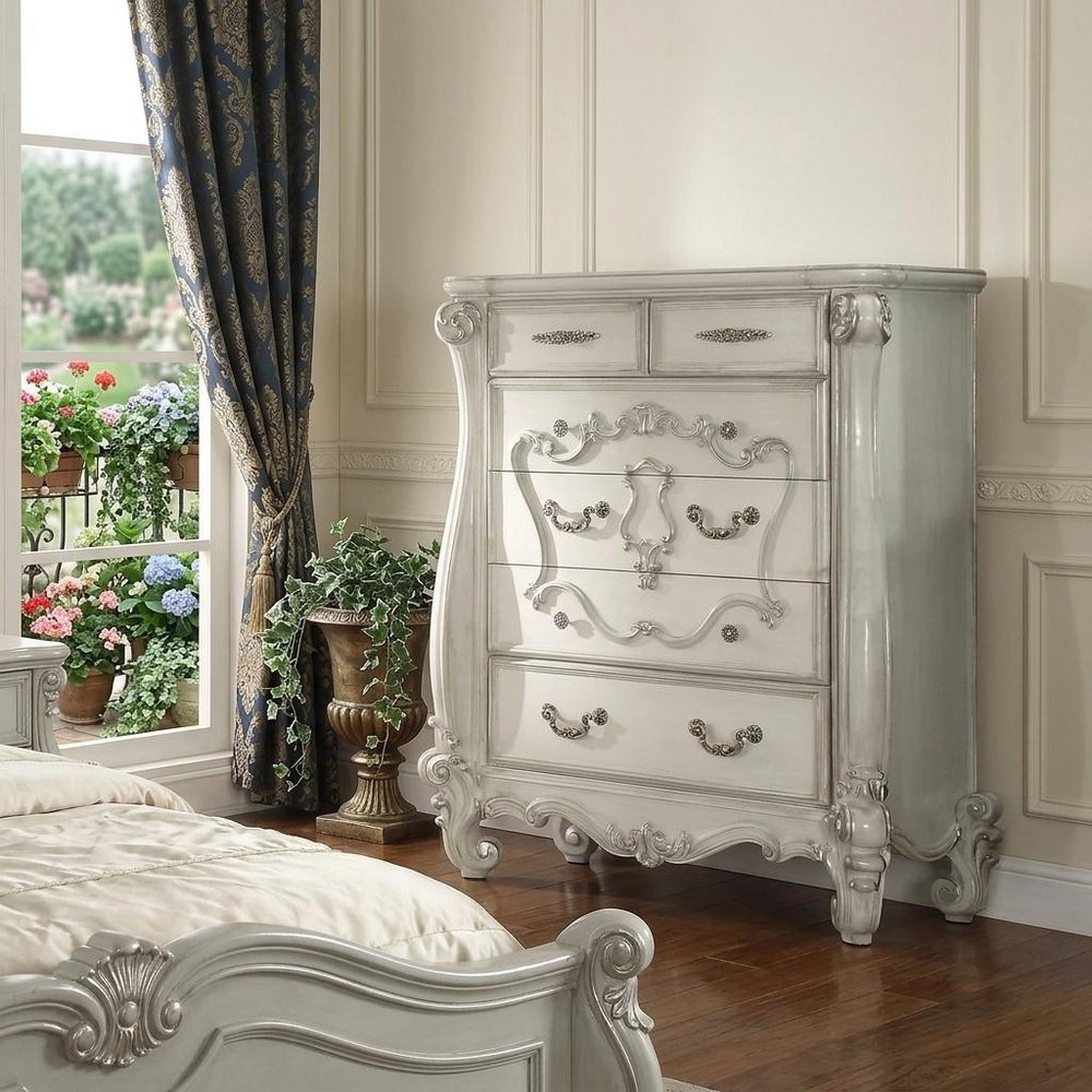 47" White Solid Wood Five Drawer Dresser