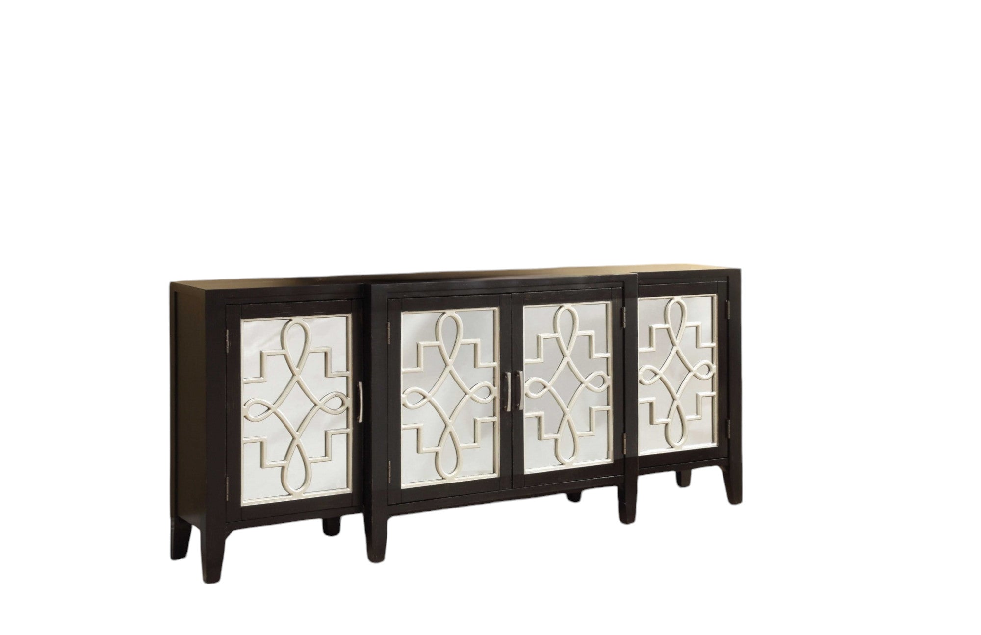 72" Black and Silver Mirrored Solid Wood and Glass Distressed Solid Console Table
