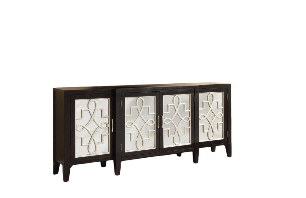 72" Black and Silver Mirrored Solid Wood and Glass Distressed Solid Console Table
