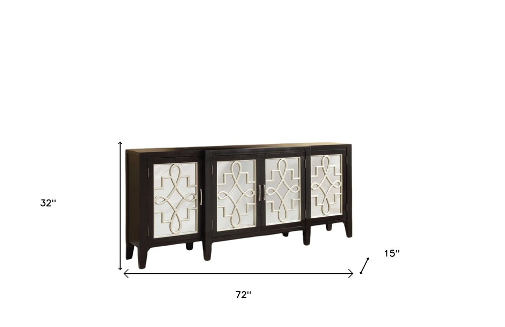 72" Black and Silver Mirrored Solid Wood and Glass Distressed Solid Console Table