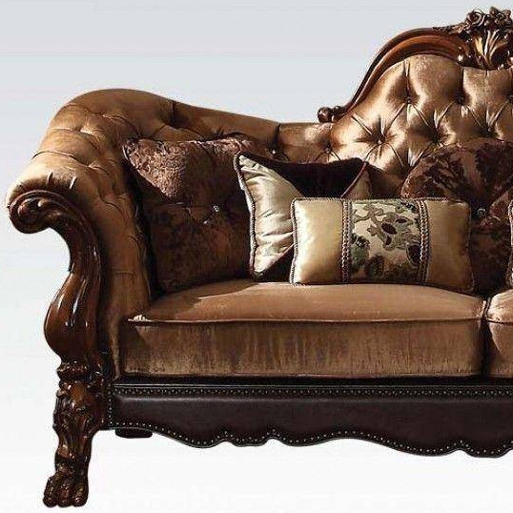 73" Dark Brown And Brown Velvet Chesterfield Loveseat and Toss Pillows