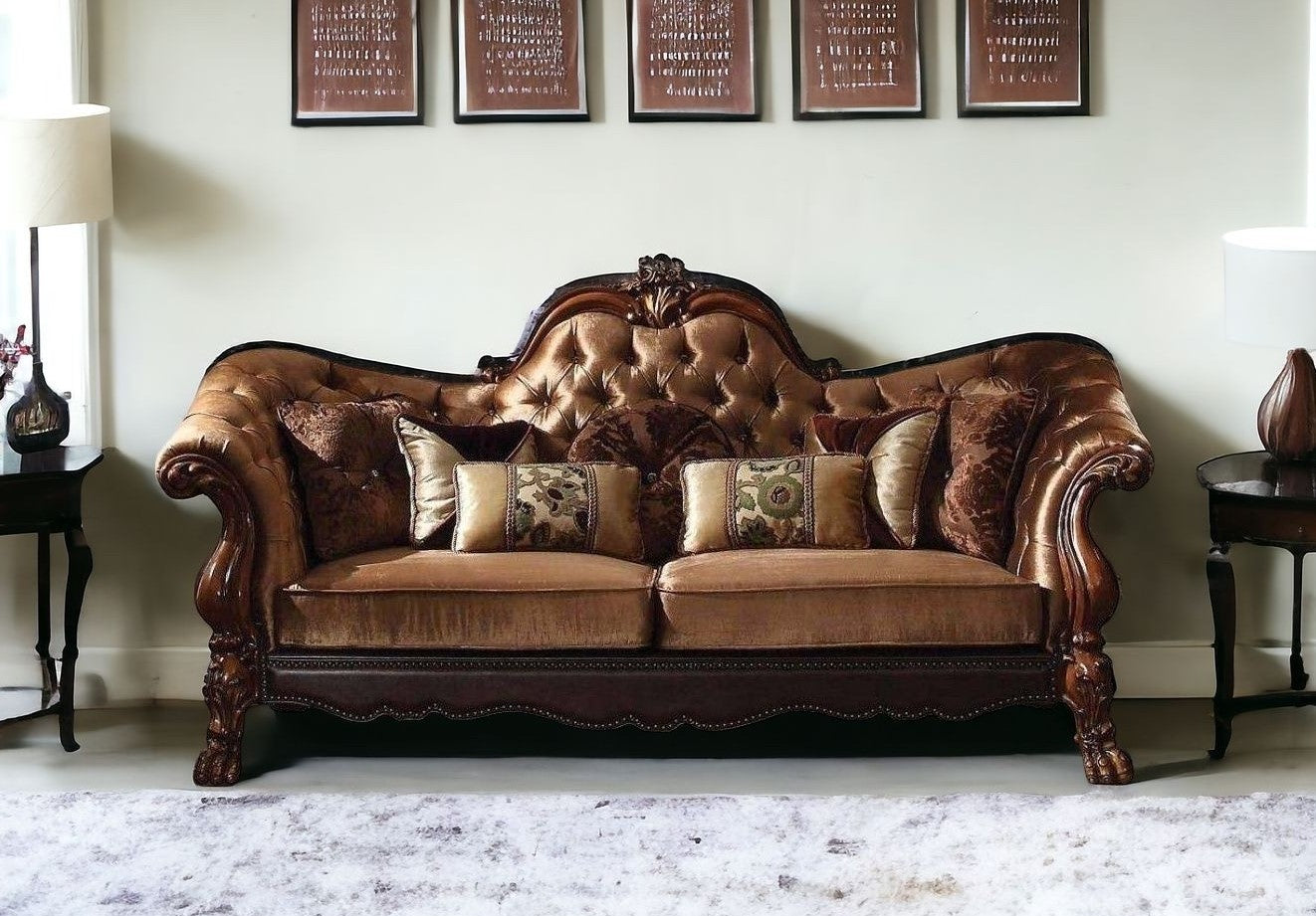 73" Dark Brown And Brown Velvet Chesterfield Loveseat and Toss Pillows