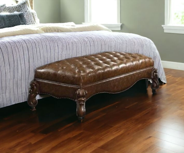 65" Brown Tufted Faux Leather Upholstered Bench