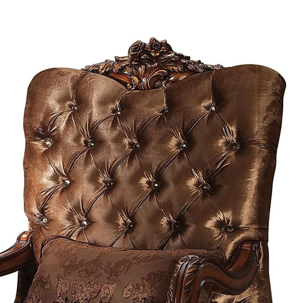 34" Golden Brown Tufted Velvet and Wood Arm Chair And Toss Pillow