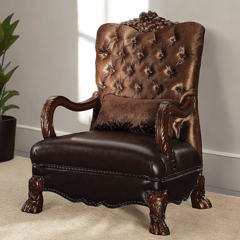 33" Ivory and Pearl Velvet Striped Tufted Wingback Chair And Toss Pillow