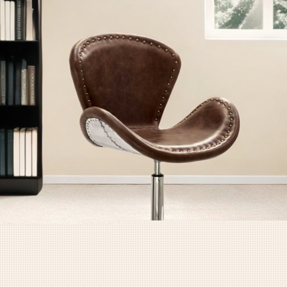 25" Brown and Silver Faux Leather Distressed Swivel Arm Chair
