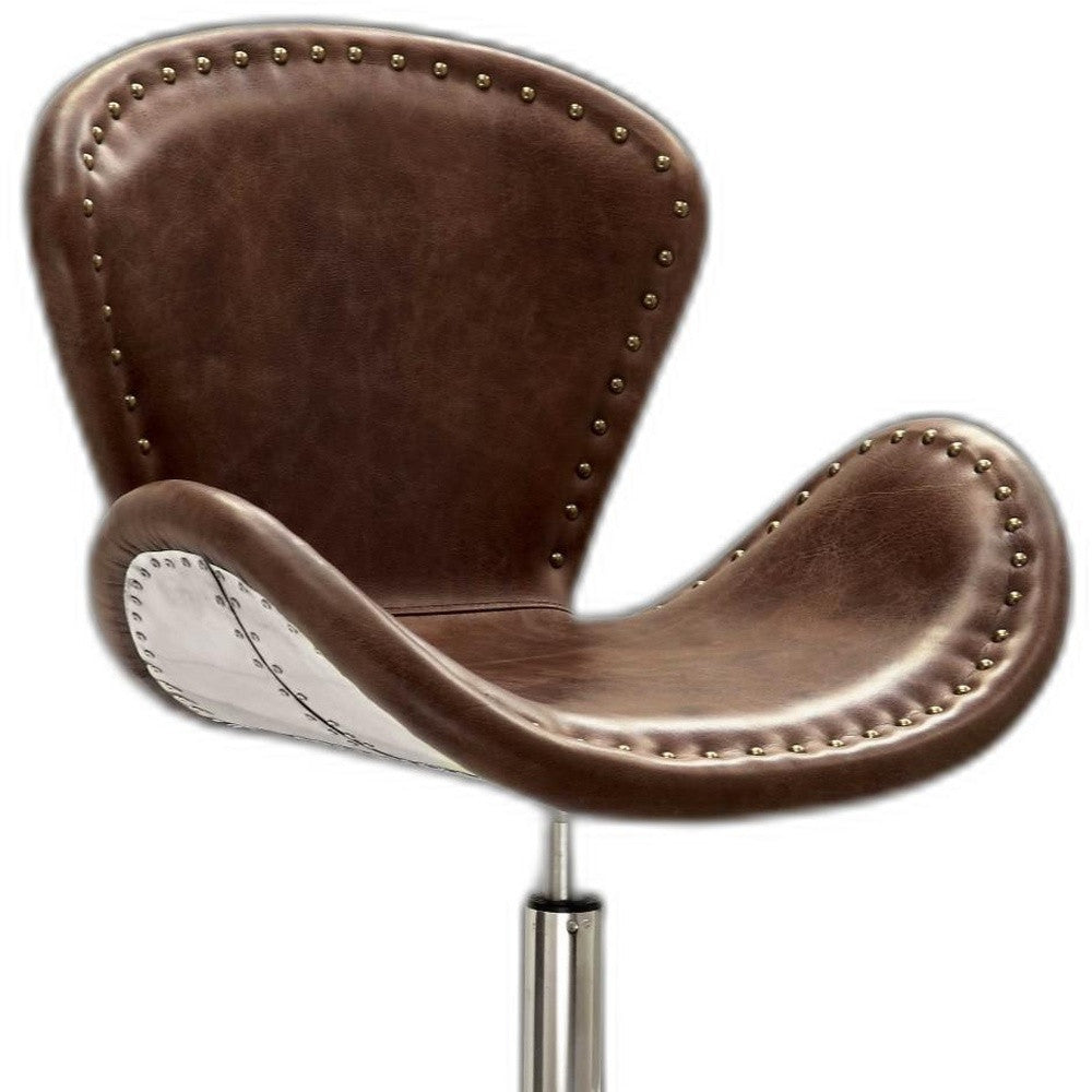 25" Brown And Silver Faux Leather Distressed Swivel Arm Chair