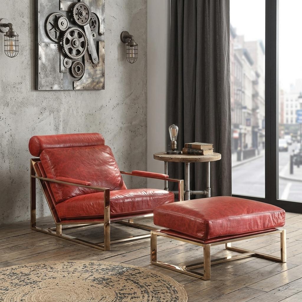 29" Red and Gold Top Grain Leather Arm Chair