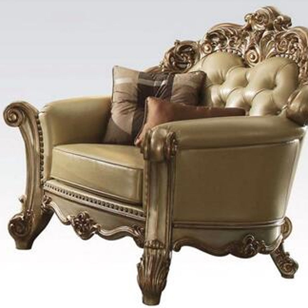 48" Bone And Gold Faux Leather Tufted Chair and a Half And Toss Pillows