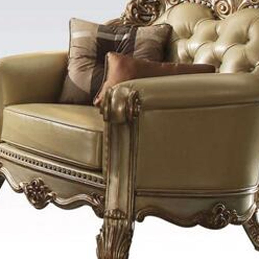 48" Bone And Gold Faux Leather Tufted Chair and a Half And Toss Pillows