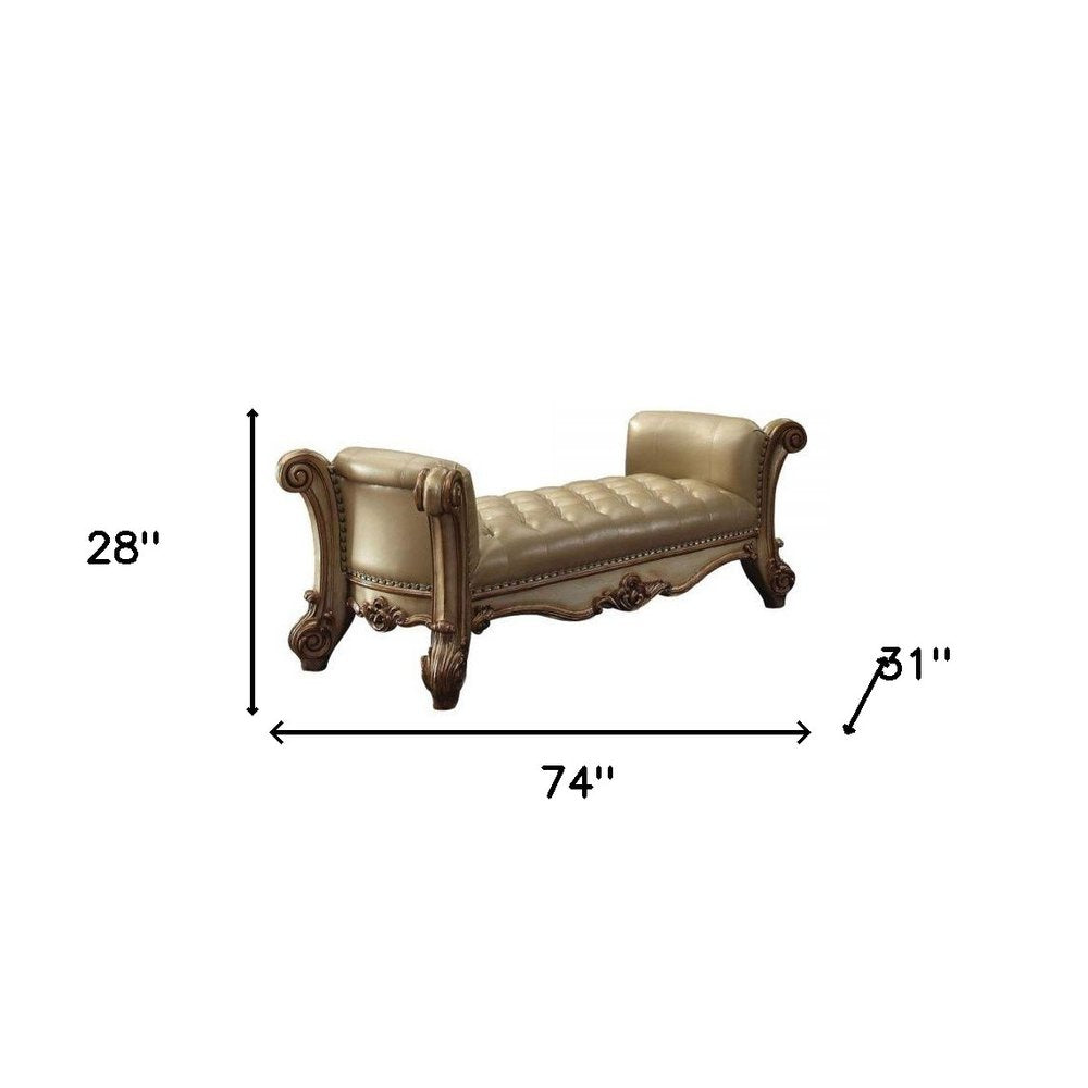 74" Bone and Gold Tufted Faux Leather Upholstered Bench