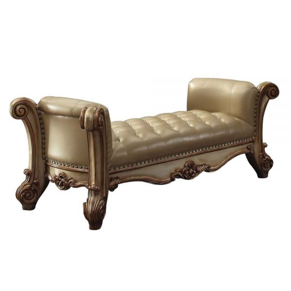 74" Bone and Gold Tufted Faux Leather Upholstered Bench