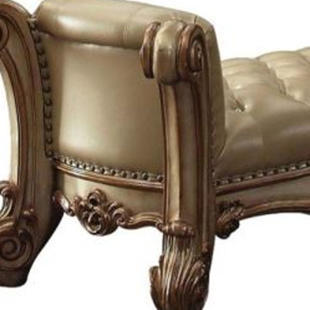 74" Bone and Gold Tufted Faux Leather Upholstered Bench