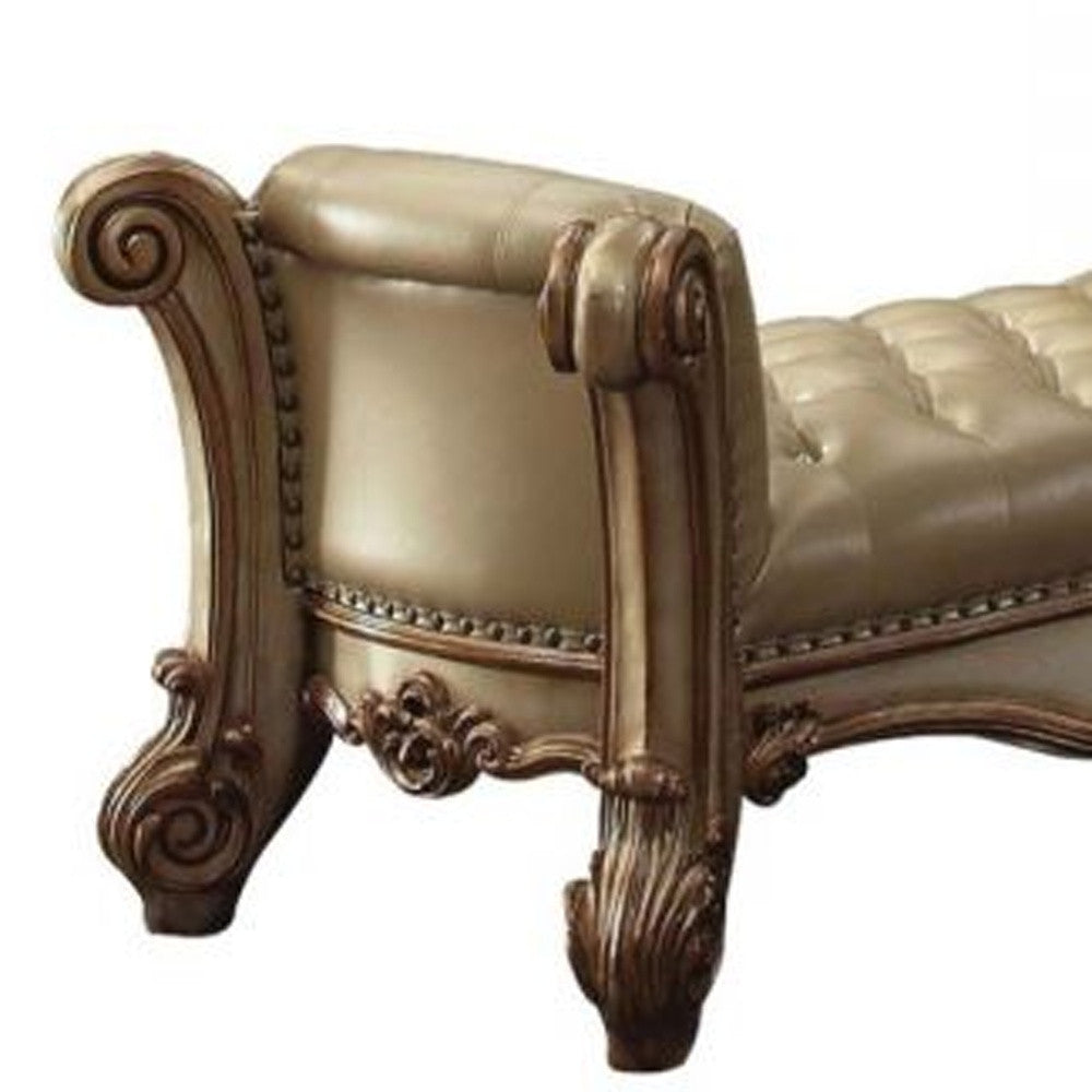 74" Bone and Gold Tufted Faux Leather Upholstered Bench