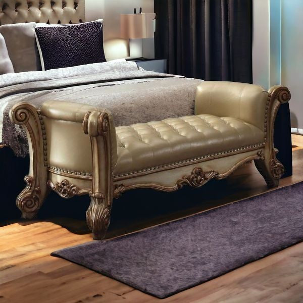 74" Bone and Gold Tufted Faux Leather Upholstered Bench