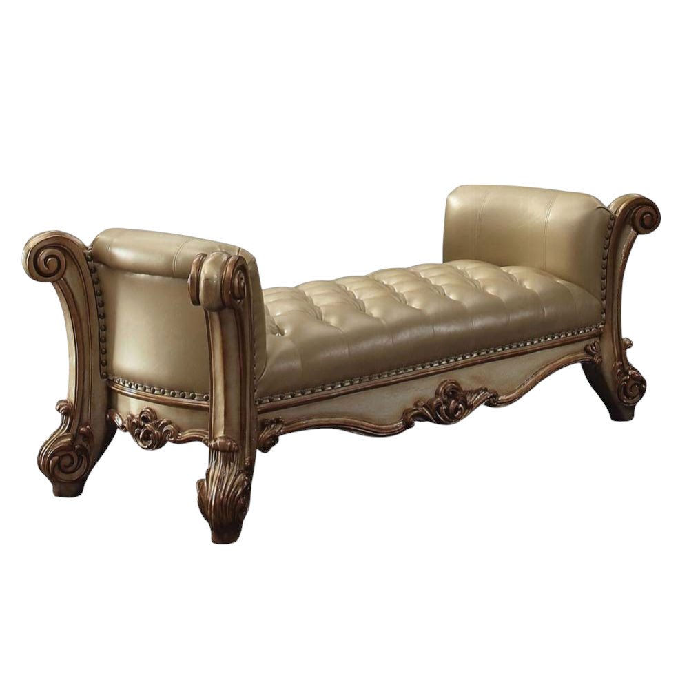 74" Bone and Gold Tufted Faux Leather Upholstered Bench