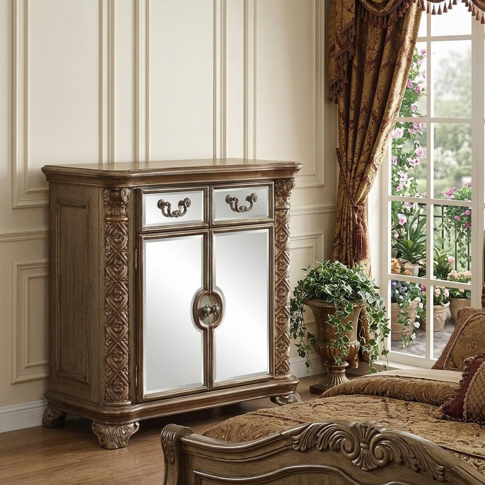 55" Gold Carved Scrollwork Solid Wood Two Drawer Combo Dresser